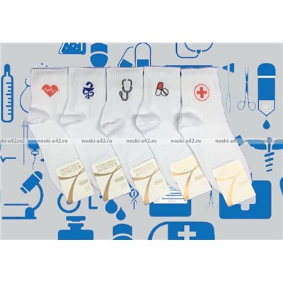 5 ПАР- КАЛИНОВ носки женские белые с медицинским принтом арт. Ж-31