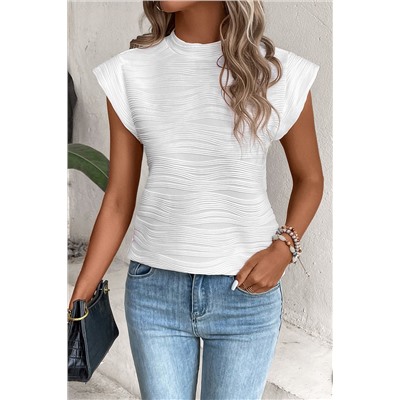 White Wavy Textured Mock Neck Cap Sleeve Top